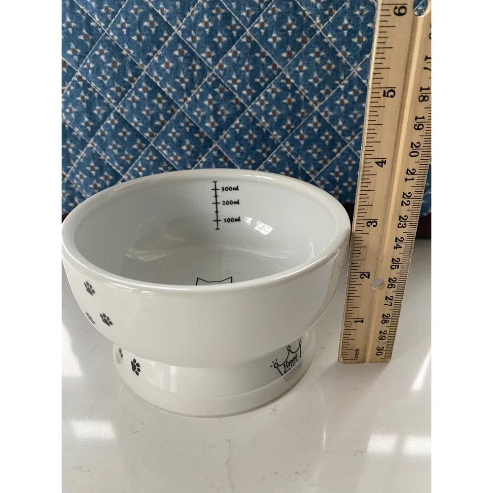Necoichi White Ceramic Cat Bowl Raised Stand Paw Print Measuring Lines